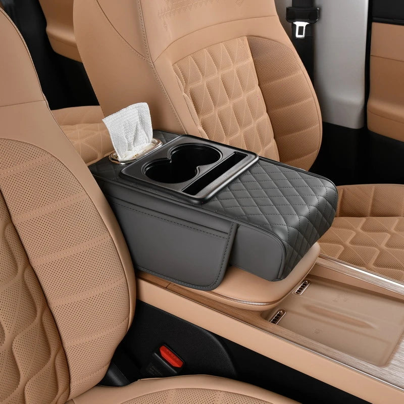 Enhance Your Driving Comfort with Our 7.5Cm Thick Car Armrest Cushion – Featuring Tissue & Cup Holders!