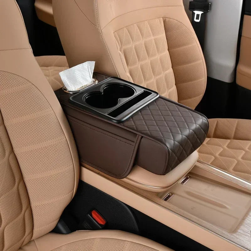 Enhance Your Driving Comfort with Our 7.5Cm Thick Car Armrest Cushion – Featuring Tissue & Cup Holders!