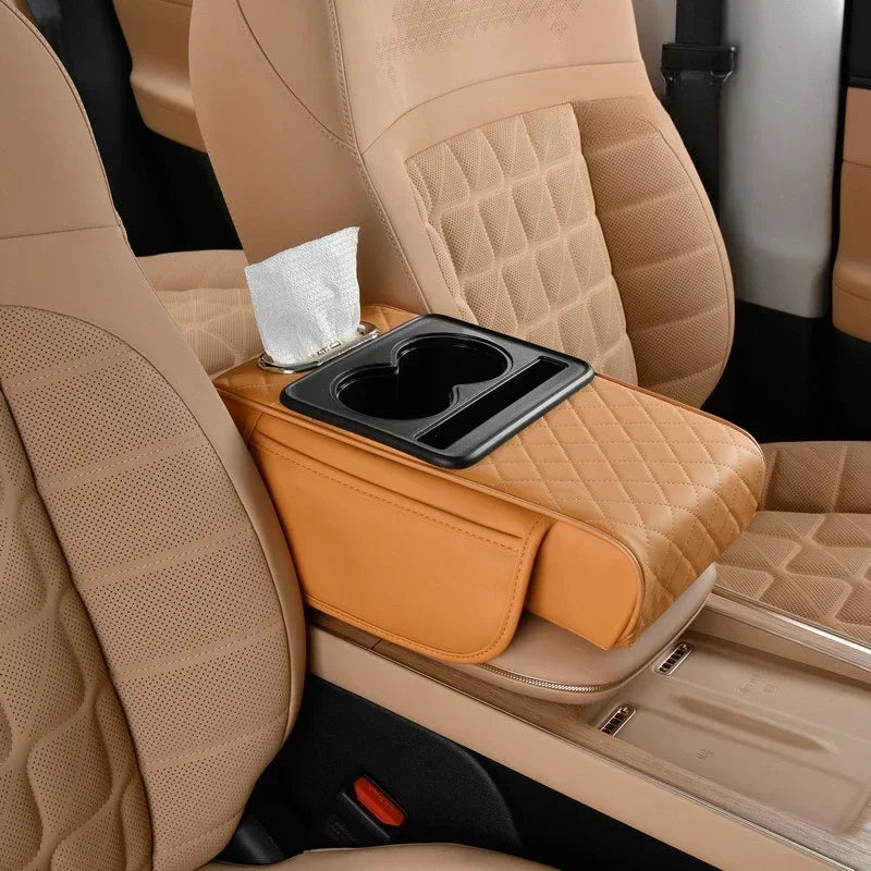 Enhance Your Driving Comfort with Our 7.5Cm Thick Car Armrest Cushion – Featuring Tissue & Cup Holders!
