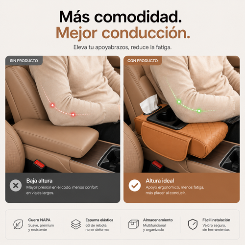 Apoyabrazos para Coche con Portavasos y Dispensador de Pañuelos | Cuero NAPA Premium