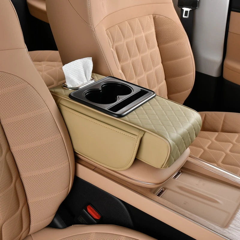 Enhance Your Driving Comfort with Our 7.5Cm Thick Car Armrest Cushion – Featuring Tissue & Cup Holders!